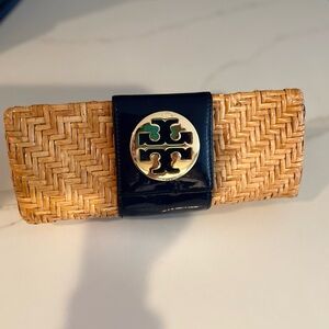 Tory Burch Wicker Clutch Navy with Patent leather magnetic closure!